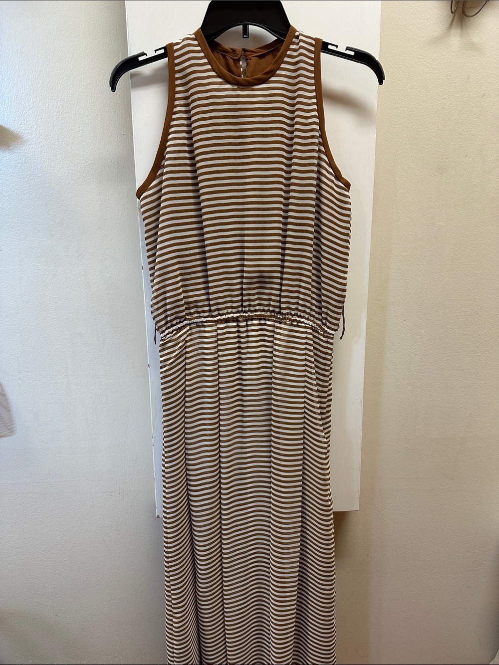 Sleeveless Striped Maxi Dress in Brown and Cream small